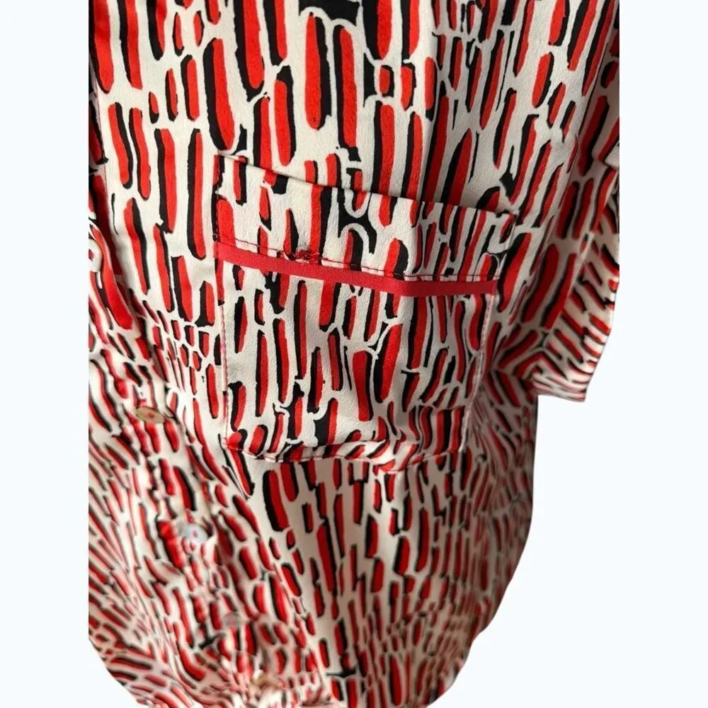 Umgee USA Shirt Women’s Large Red Black Abstract Button Up Tie Front K6122 NWT